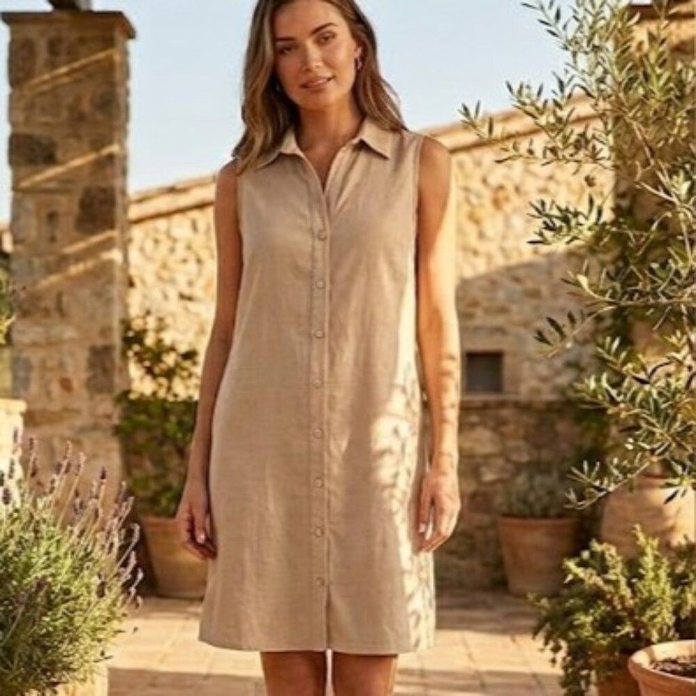 Royalty For Me Linen Blend Sleeveless Button Down Dress Beige Small Safari